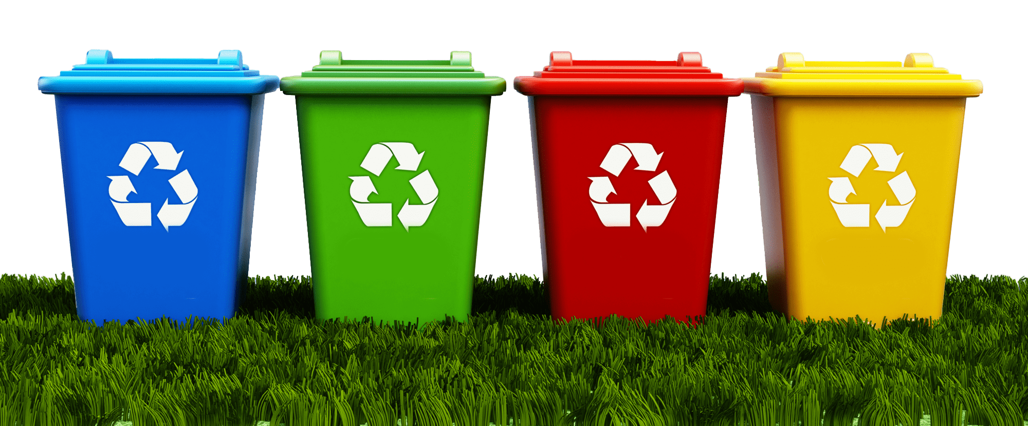 Four colorful recycling bins—blue, green, red, and yellow—are positioned on grass, each featuring the recycling symbol, promoting waste segregation.