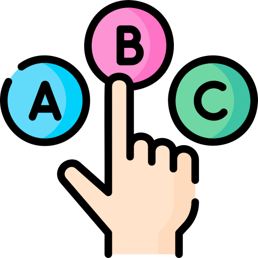 A hand pointing at a pink circle labeled 'B,' surrounded by blue 'A' and green 'C' circles, symbolizing choice or decision-making.