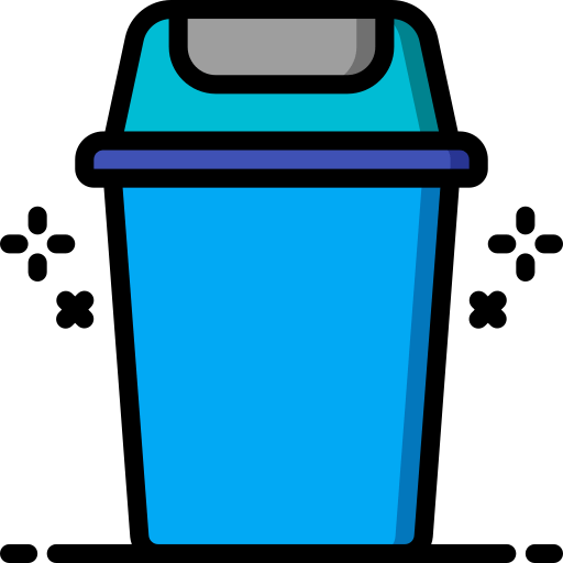 Bright blue trash bin with a lid, surrounded by sparkles, symbolizing cleanliness and waste management. Relevant for sustainable living discussions.