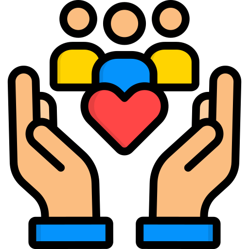 Hands cradling a heart with three figures above, symbolizing care and community support in a compassionate context.